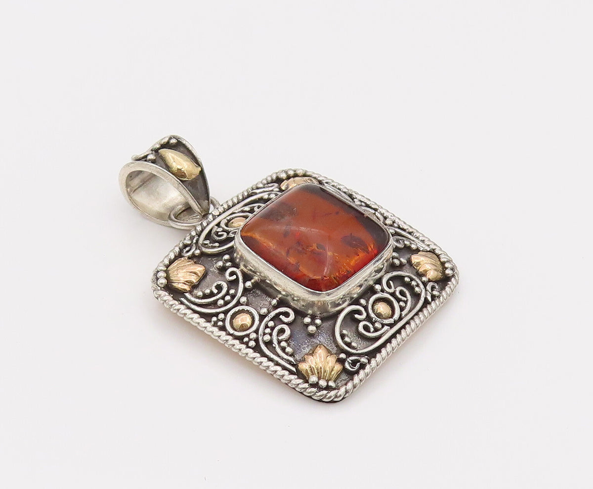 18k GOLD & 925 Silver  Vintage Square Bali Swirly Amber Pendant  PT22173