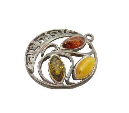 925 Sterling Silver  Vintage Amber Floral Vine Greek Key Pendant  PT12473