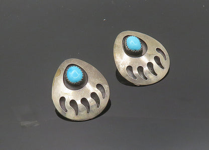 NAVAJO 925 Sterling Silver Vintage Turquoise Bear Claw Print Earrings EG9976