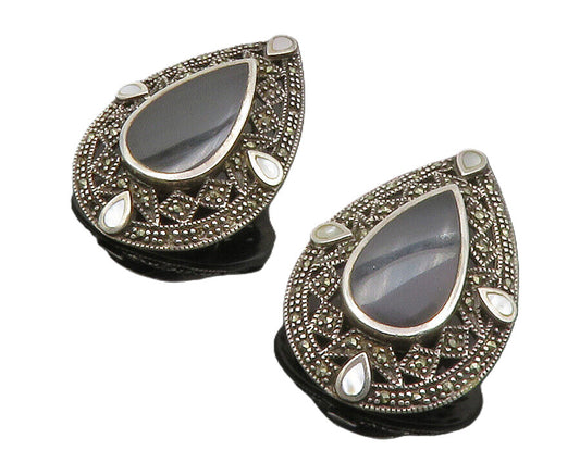 925 Sterling Silver  Vintage Black Onyx & Marcasite Tear Drop Earrings  EG6515