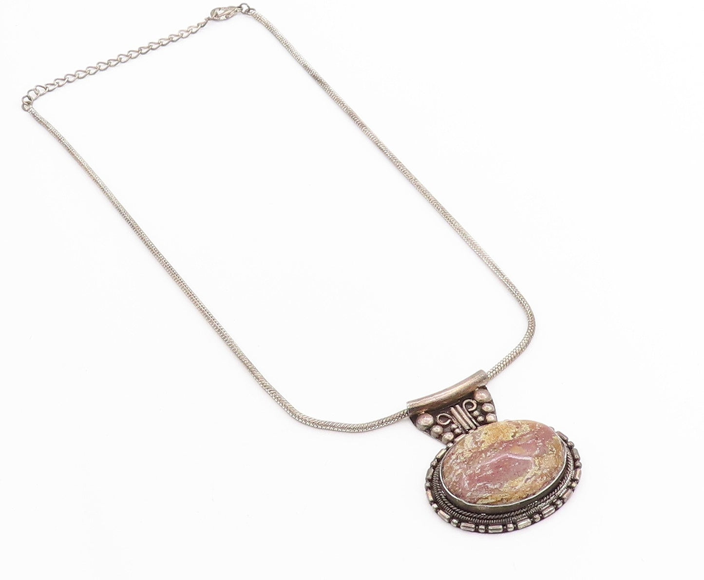 925 Sterling Silver Vintage Necklace Antique Beaded Oval Gemstone NE4590