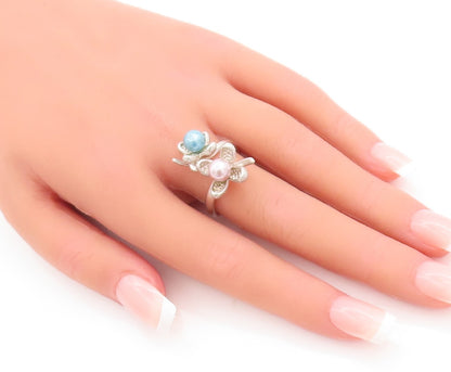 925 Sterling Silver Vintage Ring Blue & Pink Pearl Beaded Flowers  Sz 9  RG28981