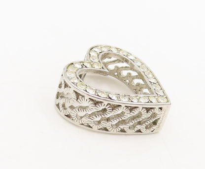 925 Sterling Silver Vintage Pendant Carved $ Band Crystal Heart Border  PT22607