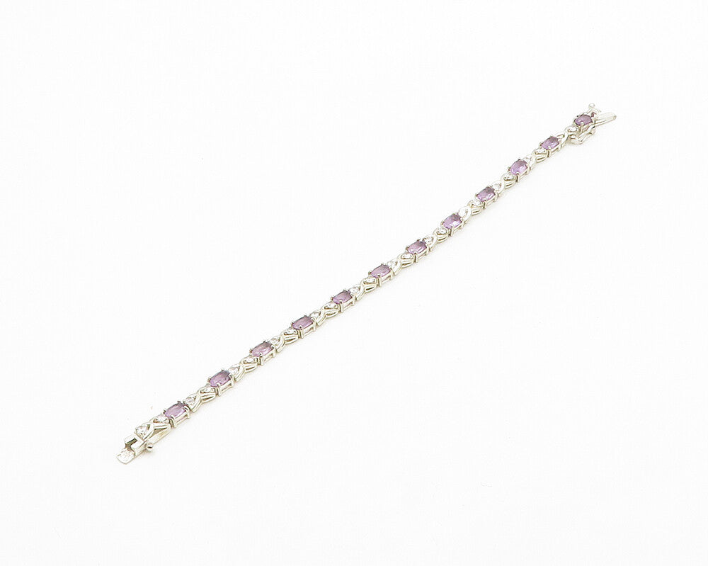 925 Sterling Silver  Vintage Amethyst & Topaz XO Shiny Chain Bracelet  BT7889