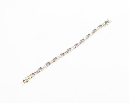 925 Sterling Silver  Vintage Amethyst & Topaz XO Shiny Chain Bracelet  BT7889