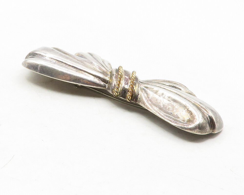 925 Sterling Silver  Vintage 2 Tone Rope Twist Ribbon Bow Brooch Pin  BP4478