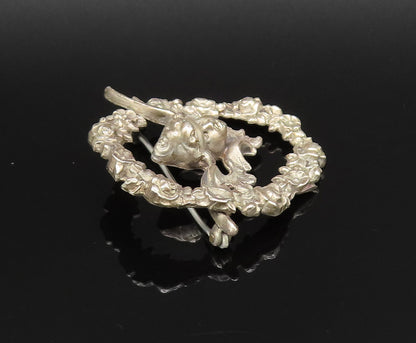 925 Silver  Vintage Antique Baby Angel Cutout Flower Wreath Brooch Pin  BP9899
