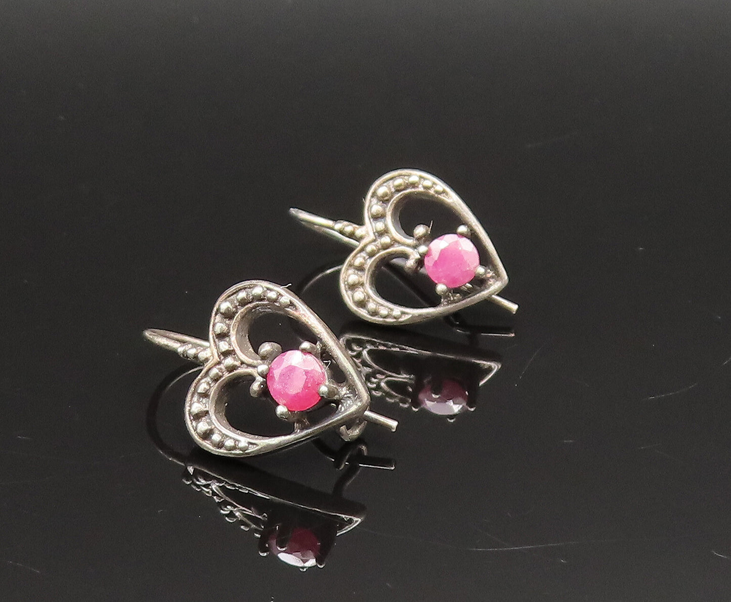 925 Silver  Vintage Antique Beaded Open Ruby Love Heart Earrings  EG11959