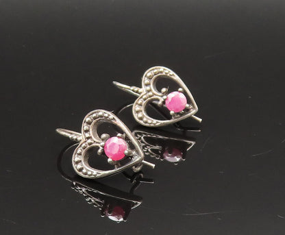 925 Silver  Vintage Antique Beaded Open Ruby Love Heart Earrings  EG11959