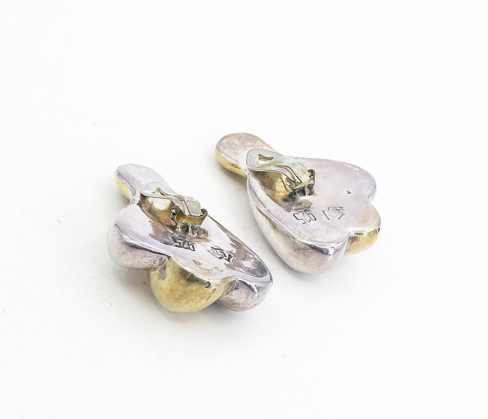 ISRAEL 925 Silver  Vintage Two Tone Sculpted Non Pierce Drop Earrings  EG4486