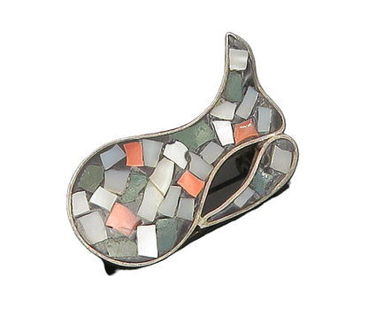ISRAEL 925 Sterling Silver  Vintage Mother Of Pearl Mosaic Brooch Pin  BP7020