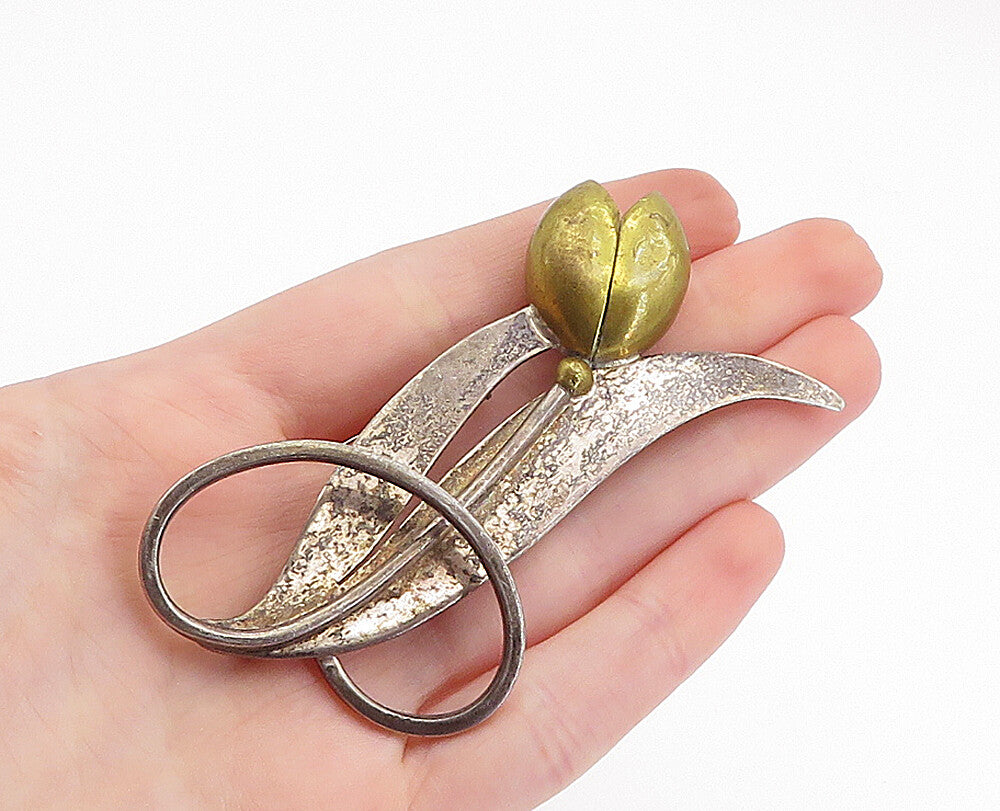 MEXICO 925 Sterling Silver  Vintage Two Tone Flower Motif Brooch Pin  BP1164
