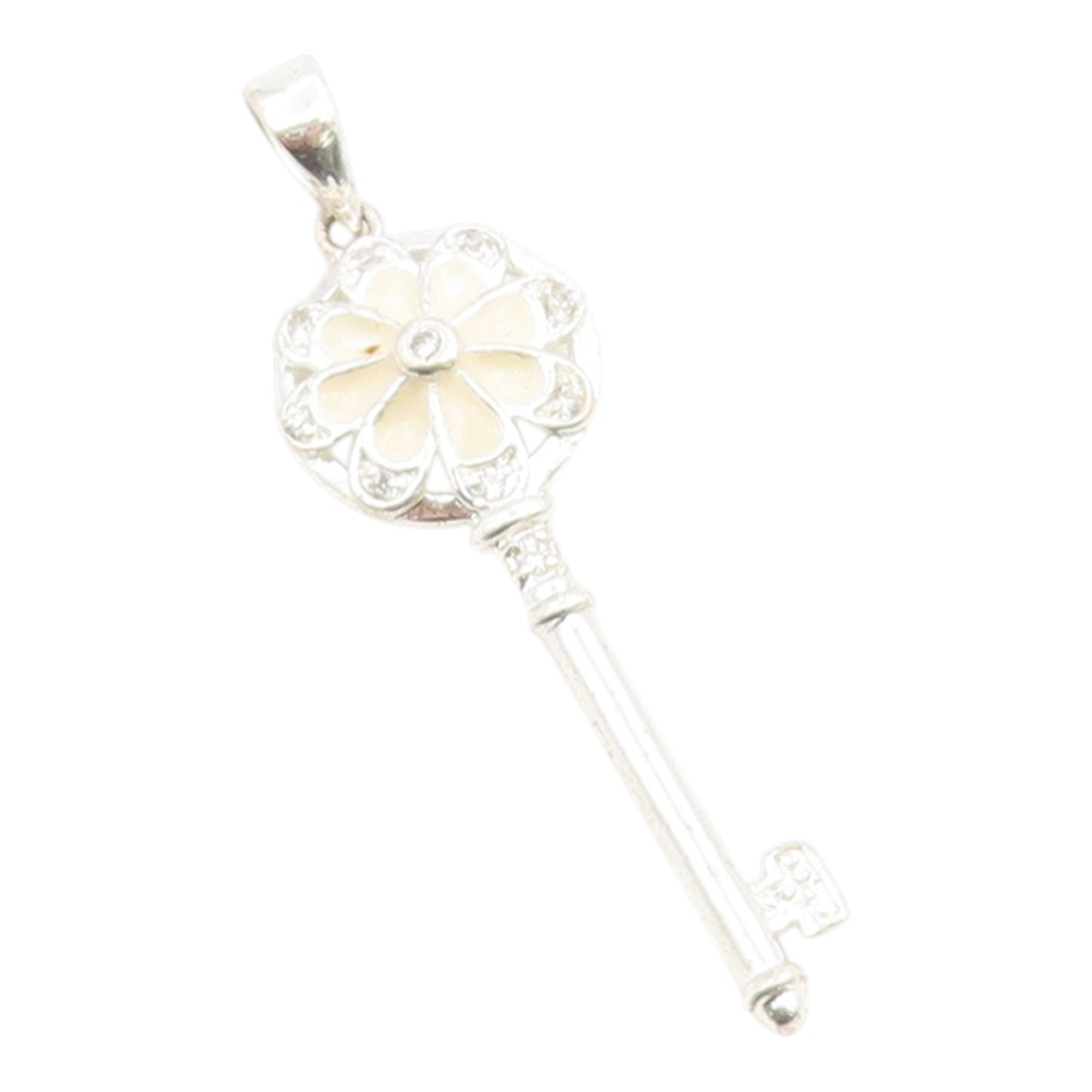 925 Sterling Silver Vintage Pendant Modernist Enamel CZ Floral Key Charm PT26192
