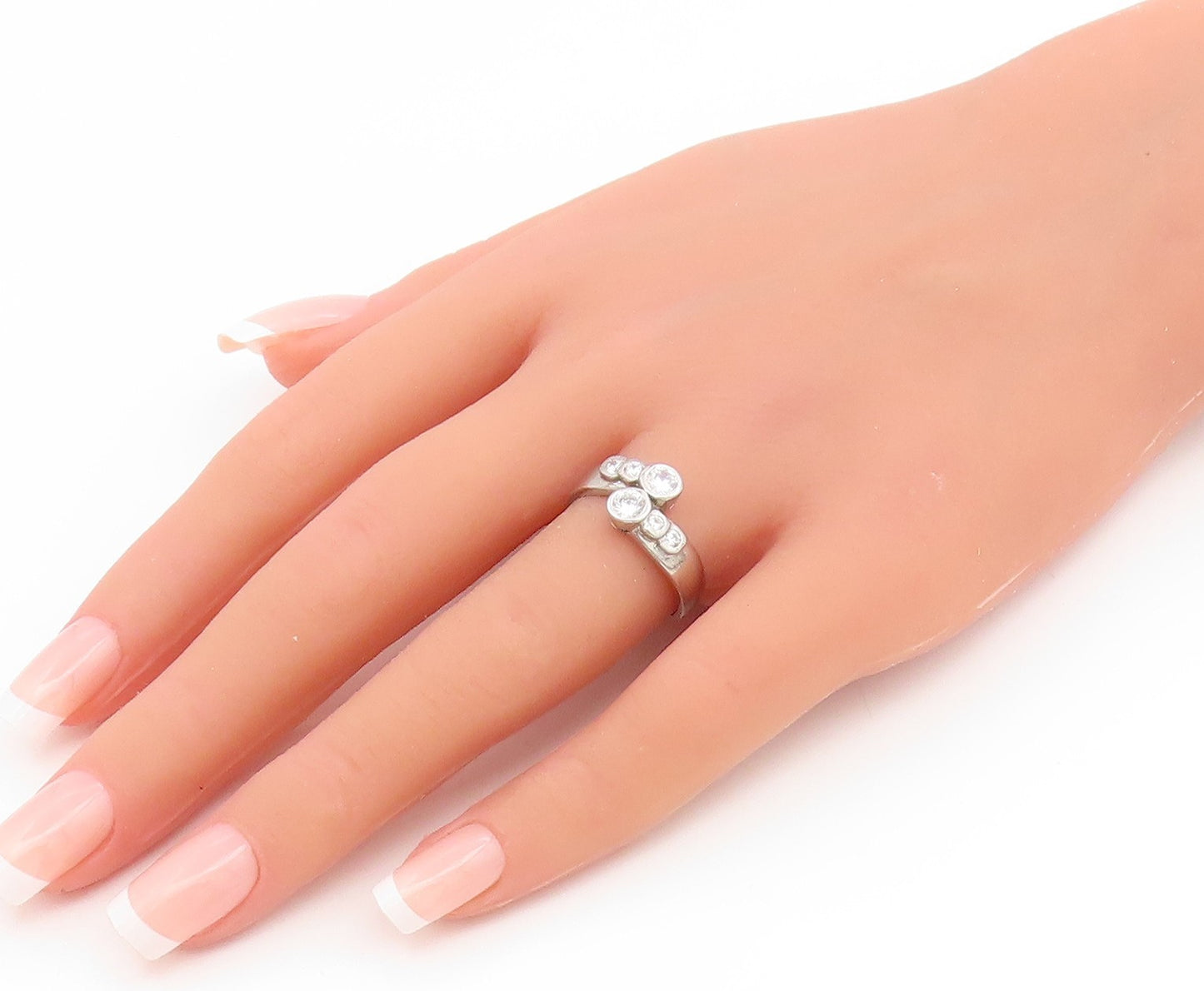925 Sterling Silver Vintage Ring Round CZ Elegant Bypass Band  Sz 7.5  RG35079