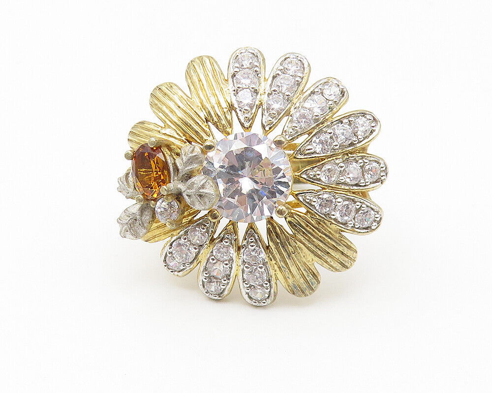 JACMEL 925 Silver  Cubic Zirconia & Citrine Floral Cocktail Ring Sz 8  RG10785
