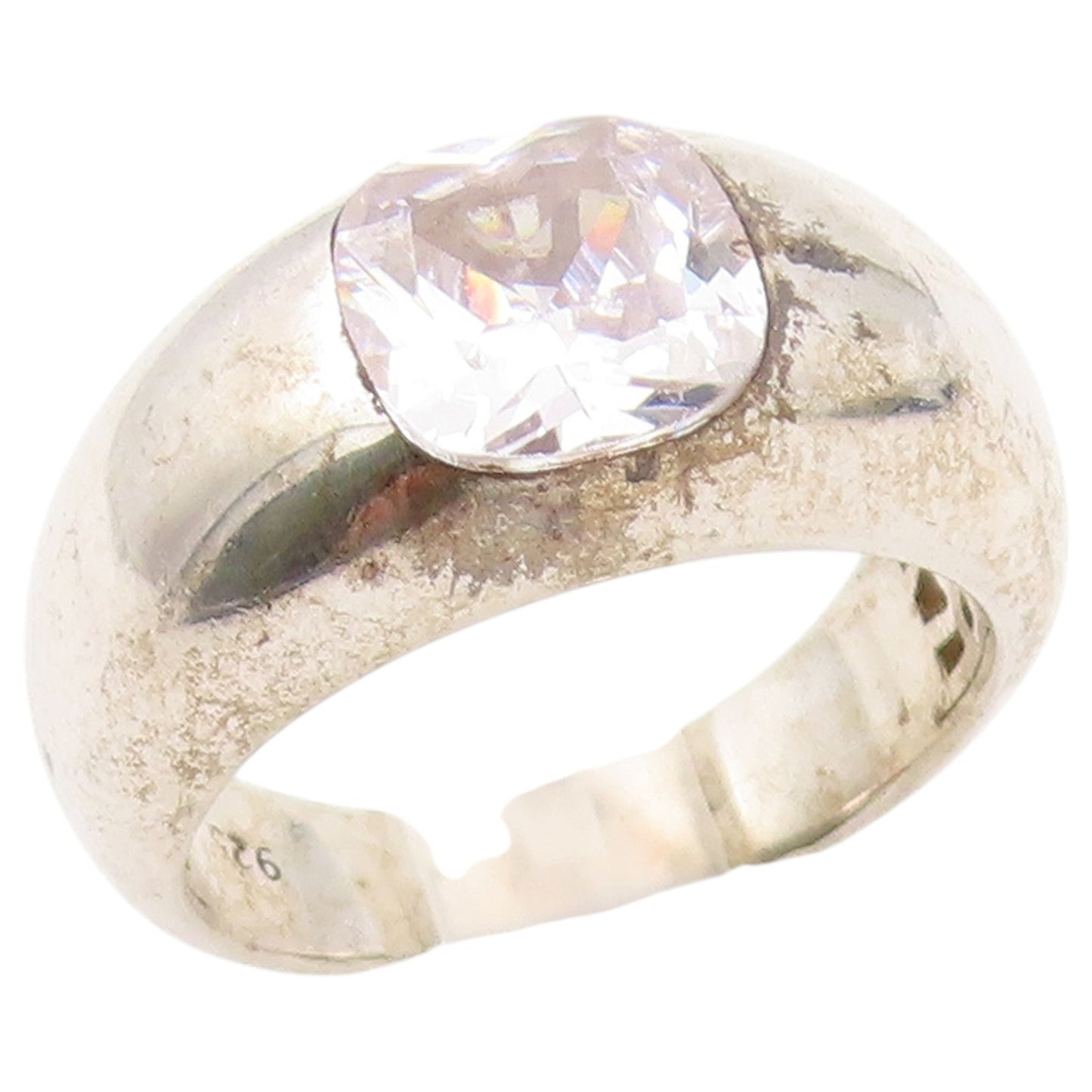 925 Sterling Silver Vintage Ring Cushion Cut CZ Solitaire Dome  Sz 7.5  RG36607