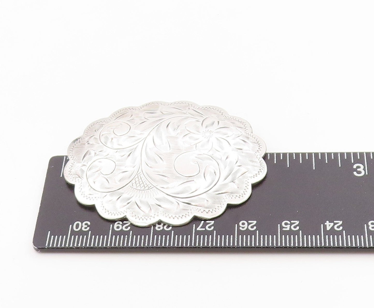 925 Sterling Silver Vintage Brooch Engraved Swirly Floral Scalloped Pin  BP12106