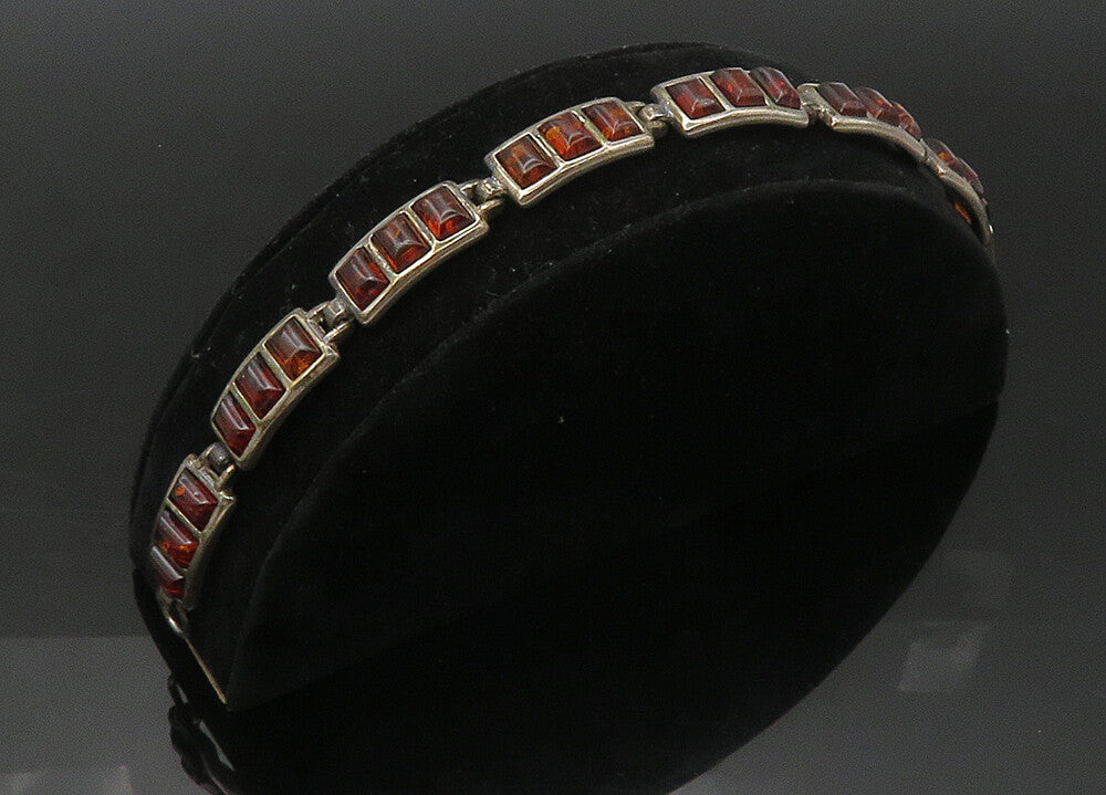 925 Sterling Silver  Vintage Amber Dark Tone Bar Link Chain Bracelet  BT8773