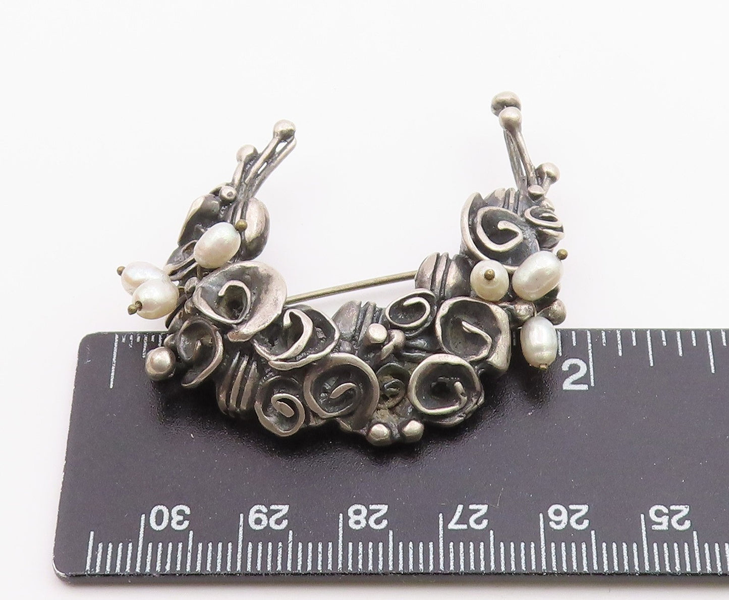 925 Sterling Silver  Vintage Petite Pearls Modernist Floral Brooch Pin  BP9111