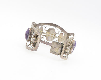 MEXICO 925 Silver  Vintage Antique Face Carved Amethyst Chain Bracelet  BT7302