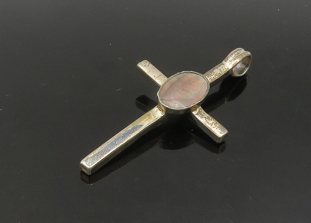 925 Sterling Silver  Vintage Abalone Shell Religious Cross Pendant  PT17635