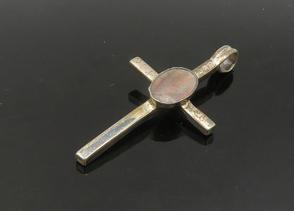 925 Sterling Silver  Vintage Abalone Shell Religious Cross Pendant  PT17635