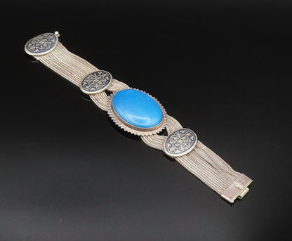 925 Silver  Vintage Oval Blue Howlite & Fleur De Lis Multi Row Bracelet BT9562