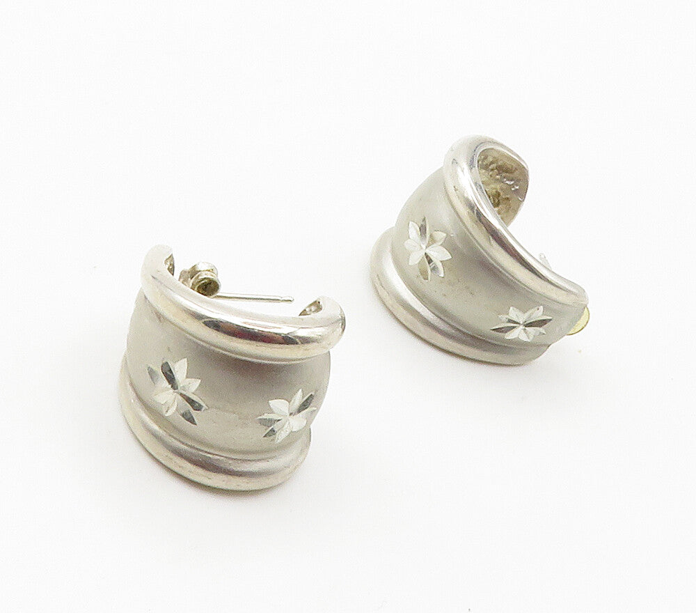 925 Sterling Silver  Vintage Shiny Diamond Cut Floral  JHoop Earrings  EG7735