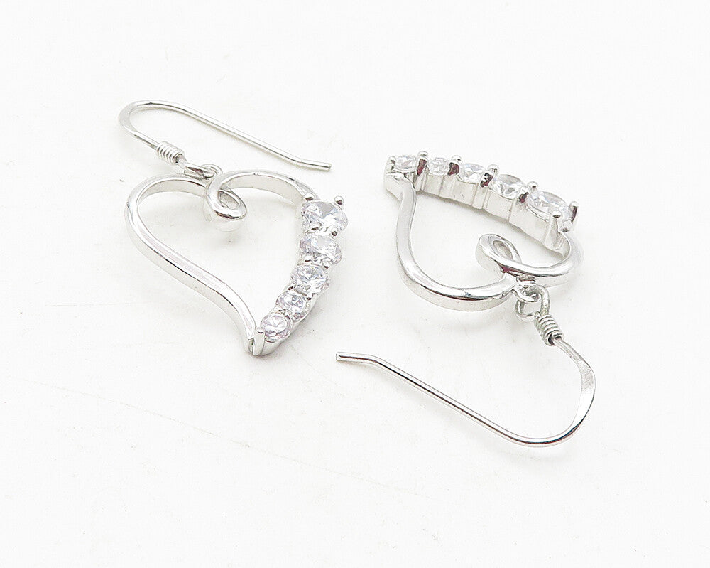 925 Sterling Silver  Shiny White Topaz Open Love Heart Dangle Earrings  EG6096