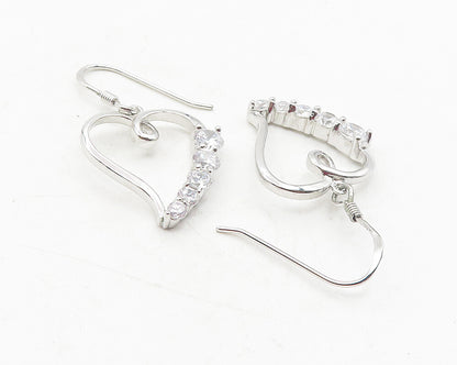 925 Sterling Silver  Shiny White Topaz Open Love Heart Dangle Earrings  EG6096