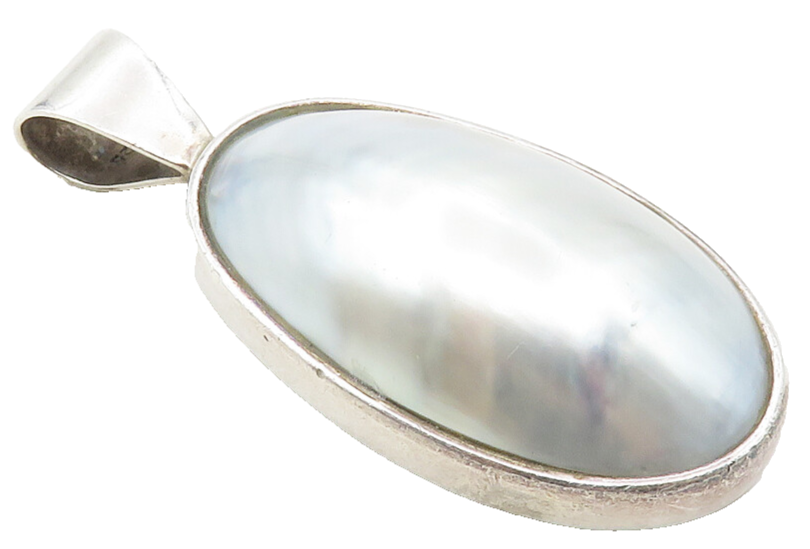 925 Sterling Silver  Vintage Shiny Blue Mother Of Pearl Dome Pendant  PT7293