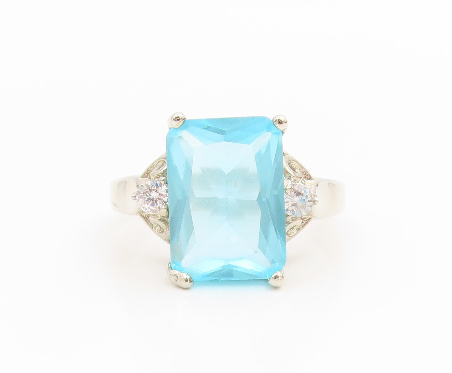 925 Sterling Silver Vintage Ring Elegant Aquamarine & CZ Band  Sz 10.5  RG35551