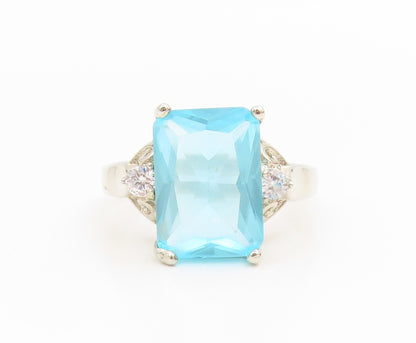 925 Sterling Silver Vintage Ring Elegant Aquamarine & CZ Band  Sz 10.5  RG35551