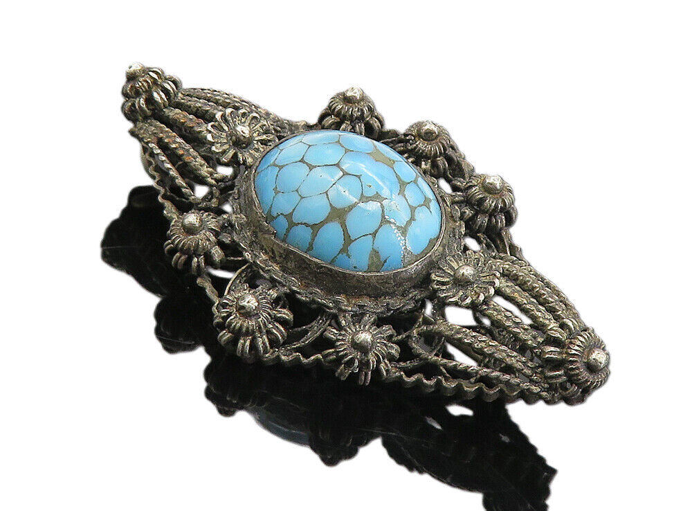925 Sterling Silver  Vintage Antique Turquoise Floral Twist Brooch Pin  BP3041