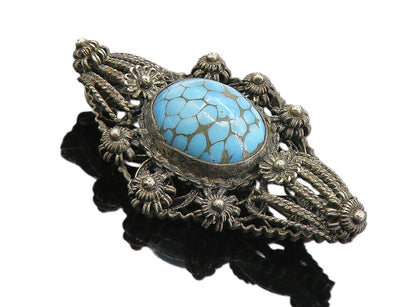 925 Sterling Silver  Vintage Antique Turquoise Floral Twist Brooch Pin  BP3041