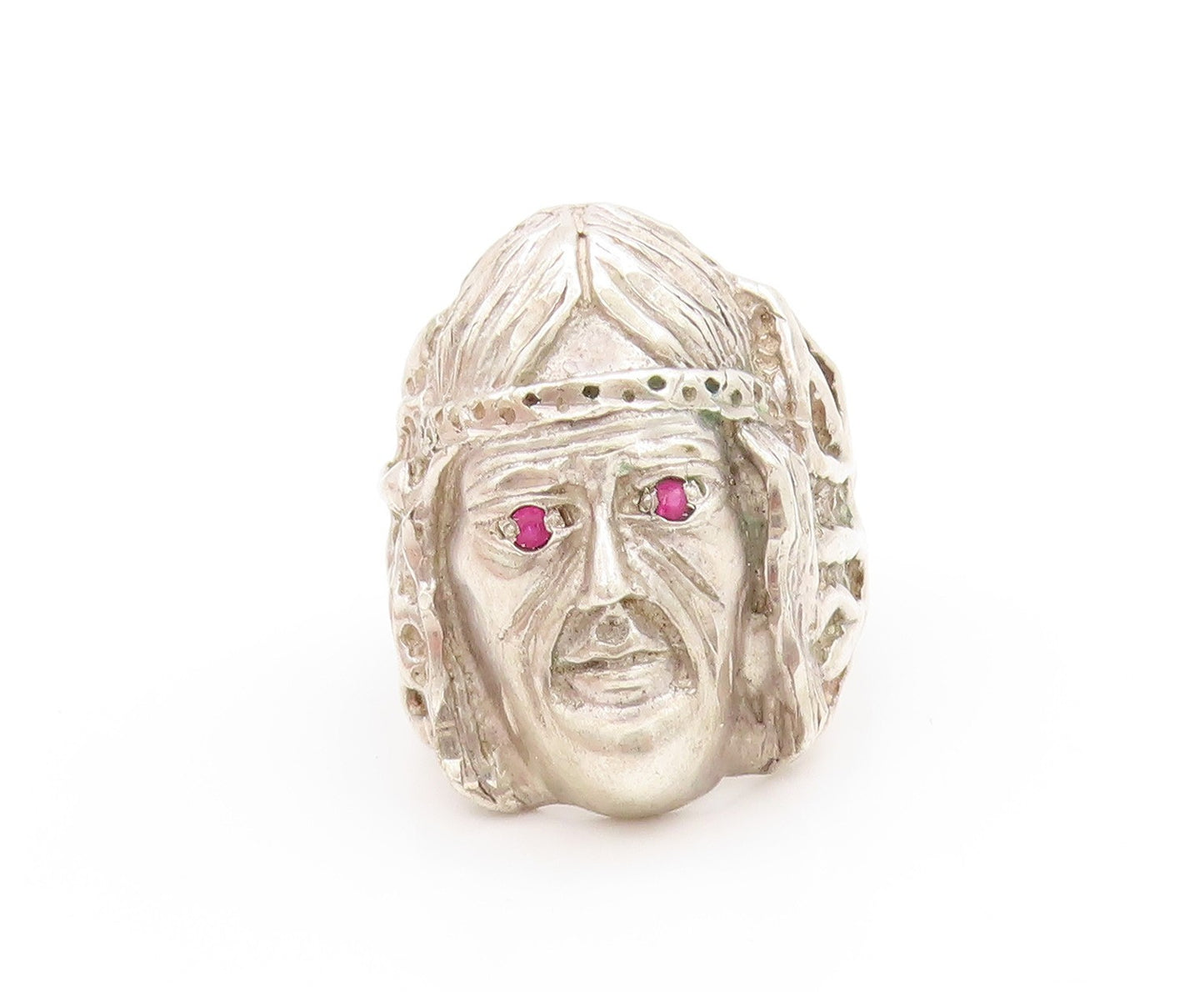 925 Sterling Silver Vintage Ring Ruby Eyed Tribal Chief Face Band Sz 11 RG33753
