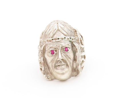 925 Sterling Silver Vintage Ring Ruby Eyed Tribal Chief Face Band Sz 11 RG33753
