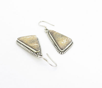 925 Sterling Silver  Vintage Brown Jasper Fluted Shiny Dangle Earrings  EG3779