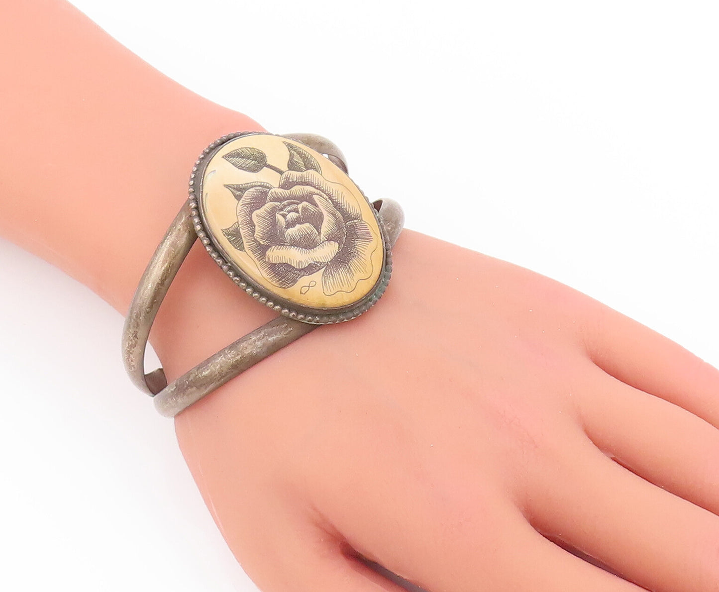 925 Sterling Silver Vintage Bracelet Painted Rose Antique Split Cuff  BT10452