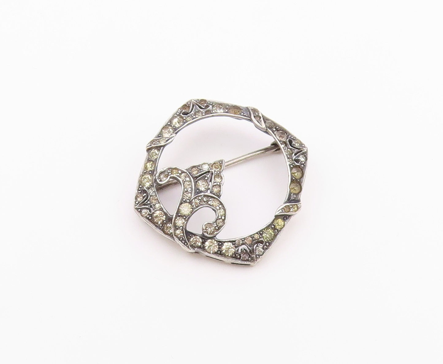 925 Sterling Silver Vintage Antique Open Floral Motif Topaz Brooch Pin  BP9849