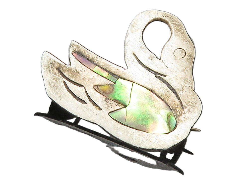 MEXICO 925 Sterling Silver  Vintage Abalone Shell Swan Brooch Pin  BP3551
