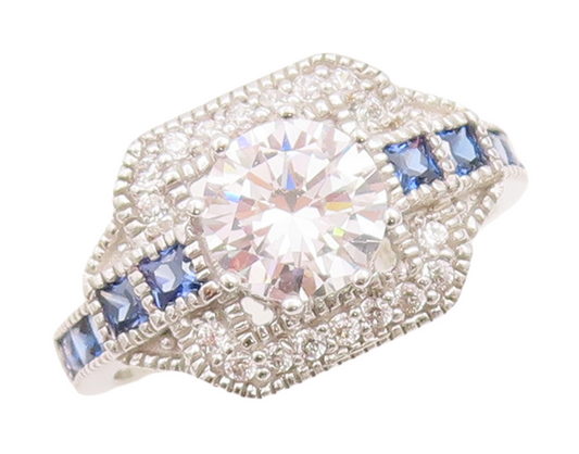925 Sterling Silver Vintage Ring Round & Square Cut 2 Tone Sapphire Sz 7 RG29219