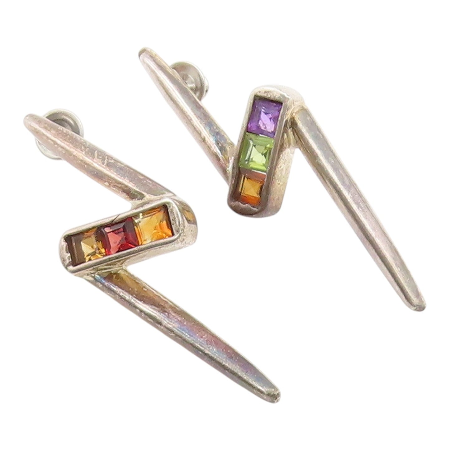 925 Sterling Silver Vintage Earrings MEXICO Gemstone Lightning Bolt Stud EG14426