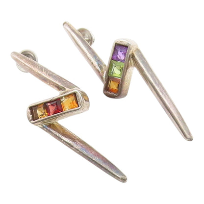 925 Sterling Silver Vintage Earrings MEXICO Gemstone Lightning Bolt Stud EG14426
