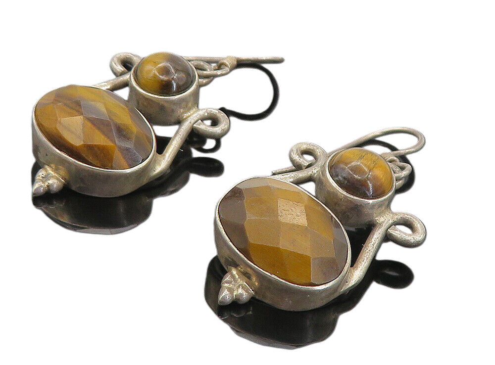 925 Sterling Silver  Vintage Faceted Tiger's Eye Swirl Dangle Earrings  EG3699