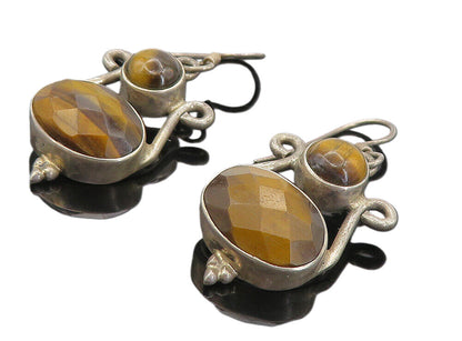 925 Sterling Silver  Vintage Faceted Tiger's Eye Swirl Dangle Earrings  EG3699