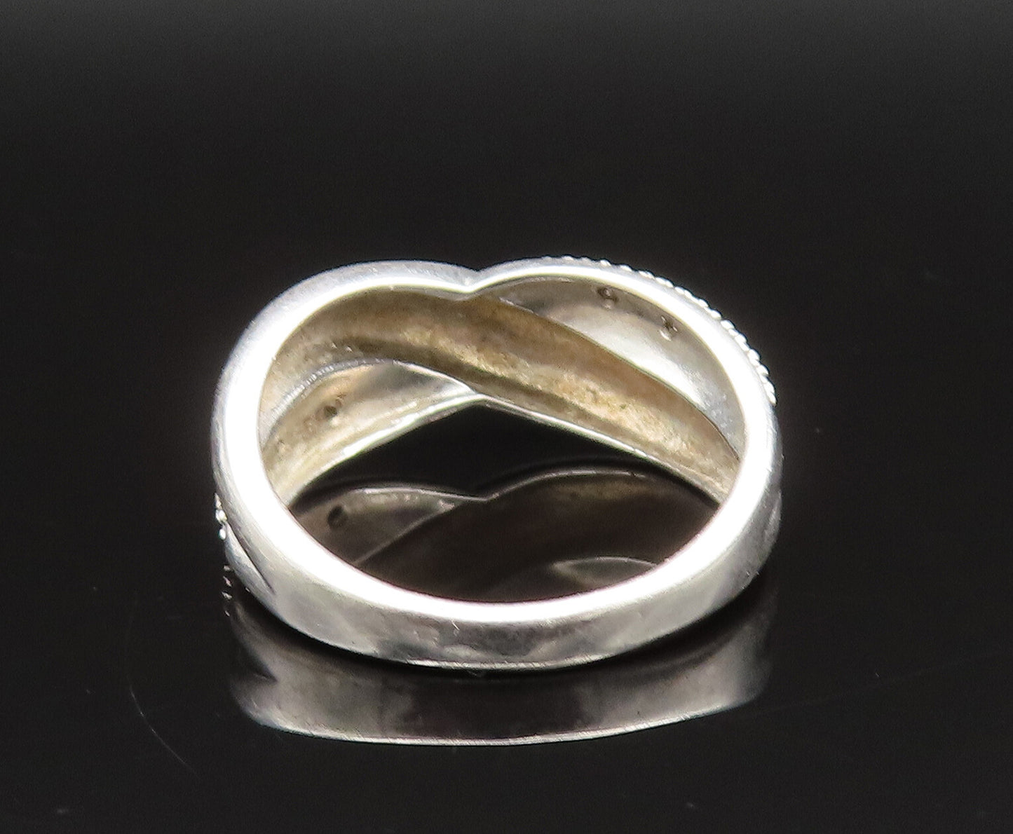 925 Sterling Silver  Vintage Genuine Diamonds Crisscross Ring Sz 7.5  RG25644
