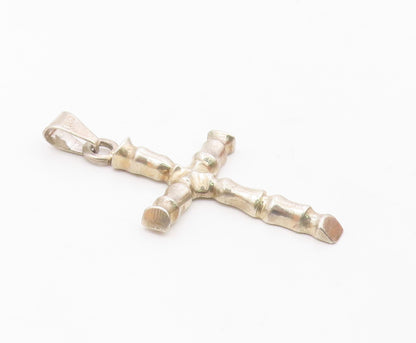 925 Sterling Silver  Vintage Shiny Bamboo Religious Cross Pendant  PT19291