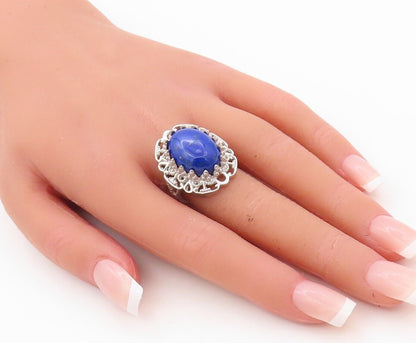 925 Sterling Silver Vintage Ring Oval Lapis Lazuli Floral Carved  Sz 7  RG30177