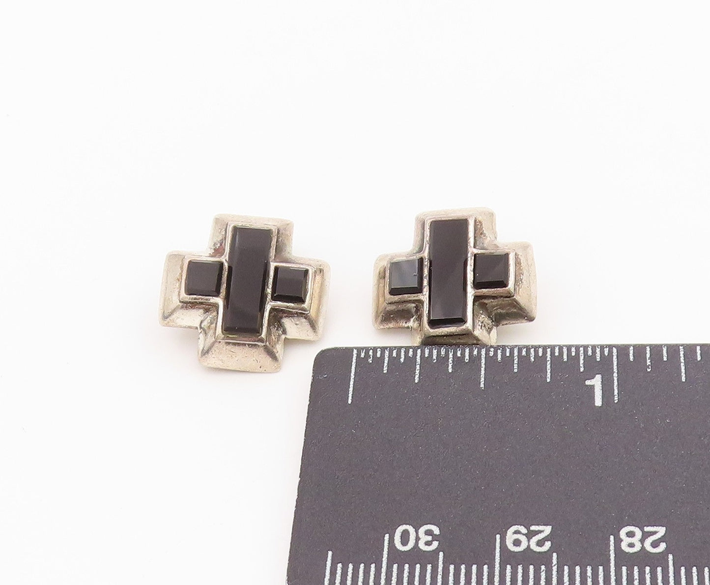 925 Sterling Silver Vintage Earrings Onyx Inlay Plus Sign Clip Back  EG13542